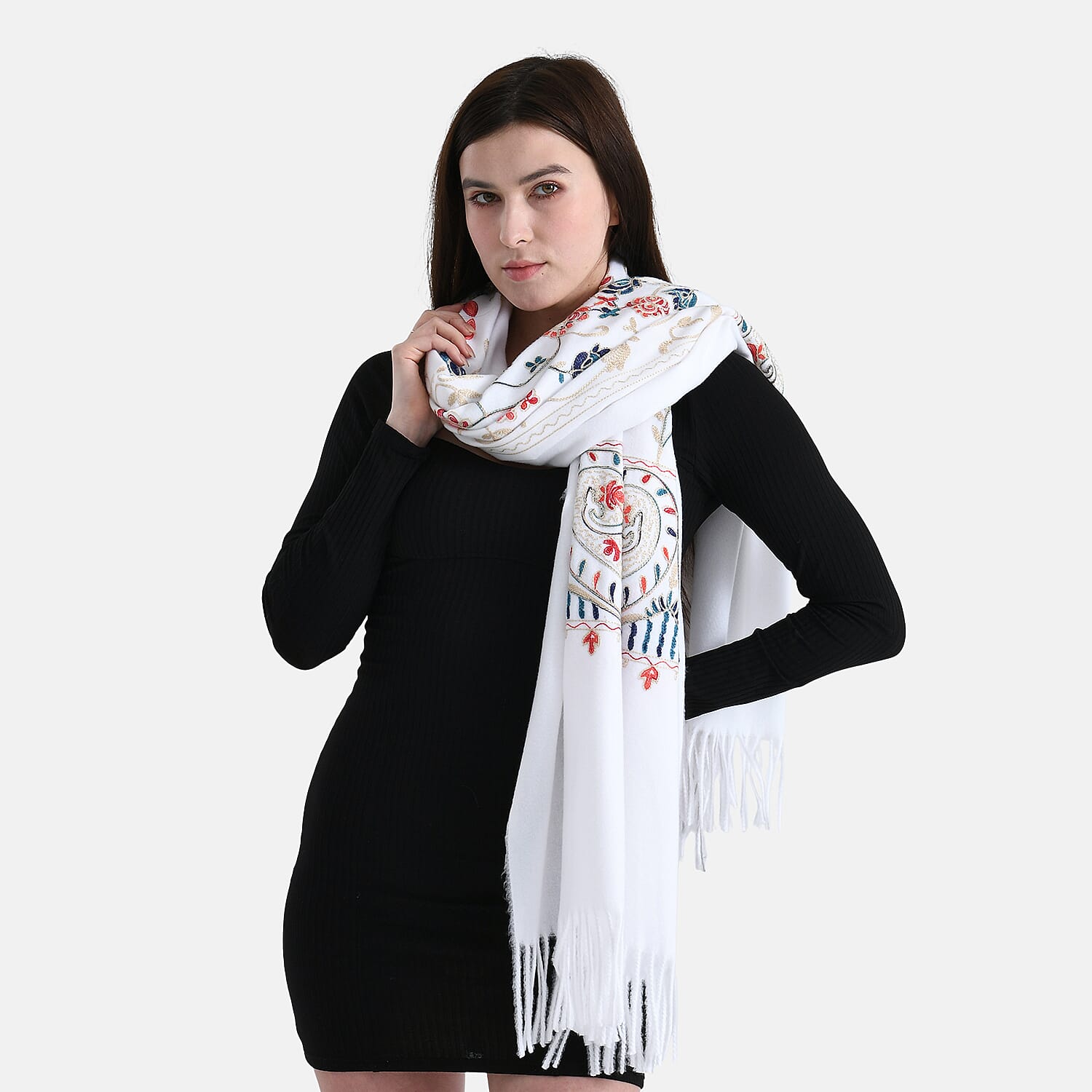 Floral Embroidery Scarf with Tassel (Size 180x70 cm) - White 8222452 4
