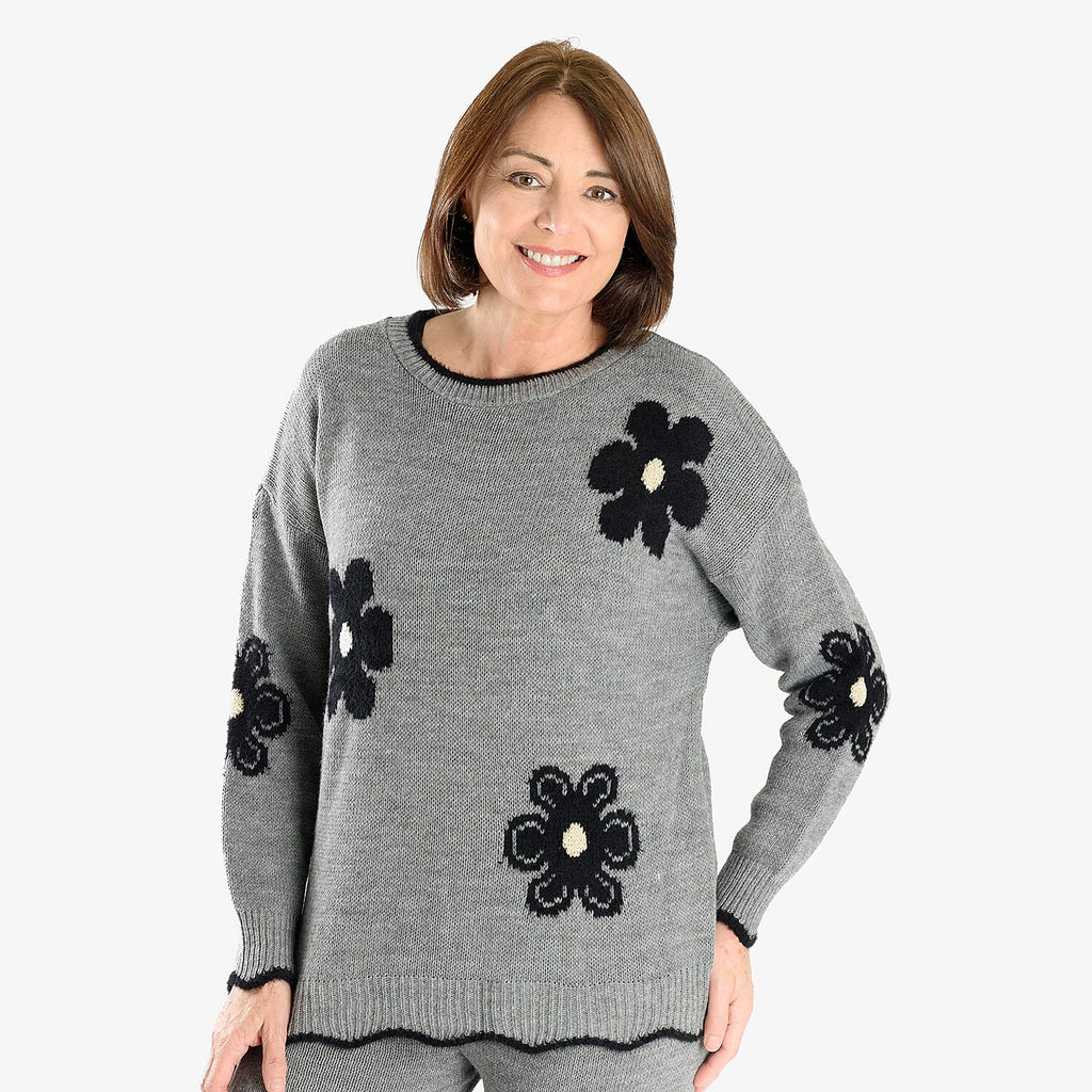 Floral Knitted Jumper (Size 10 to 20) - Grey