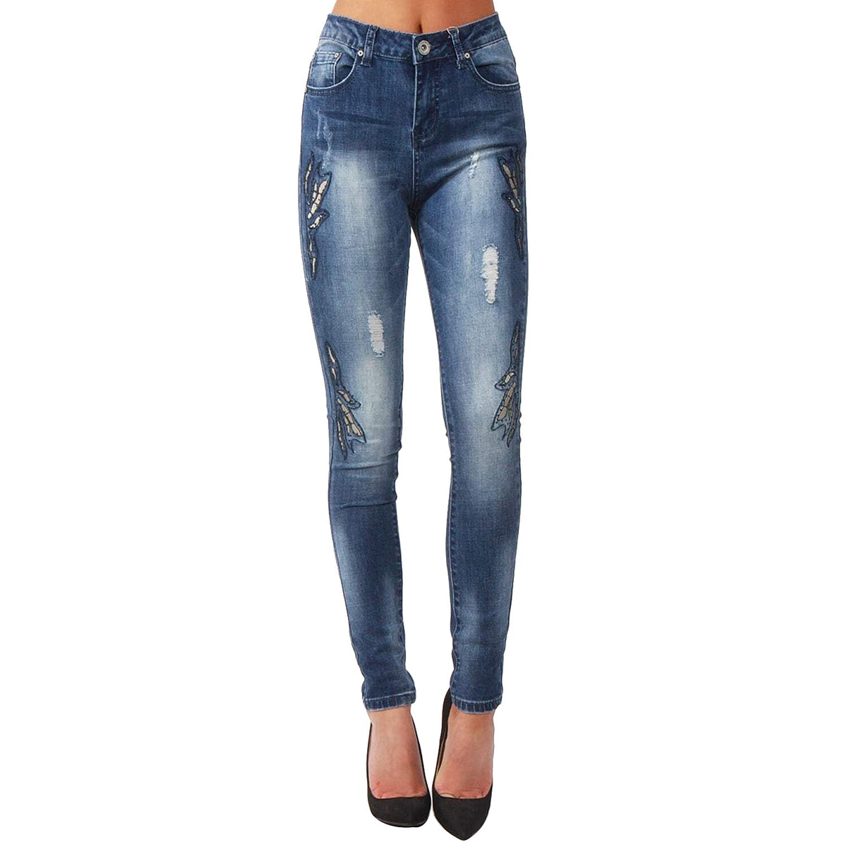 Floral Leaf Embellished Mid Blue Rinse Skinny High Waist Jeans 6272232 0