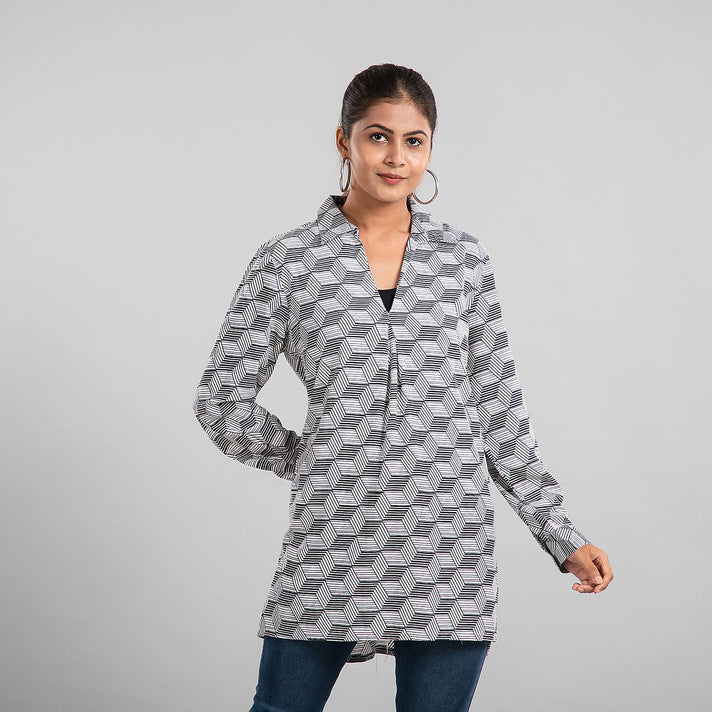 Floral Pattern Collared Neck Full-Sleeve Women's Shirt - Blue 6837426 1