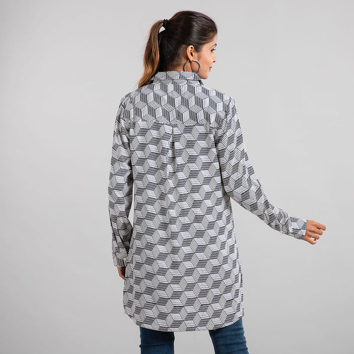 Floral Pattern Collared Neck Full-Sleeve Women's Shirt - Blue 6837426 2
