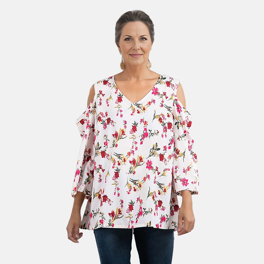 Floral Pattern Off Shoulder Top (Size 10) - Off White & Multi