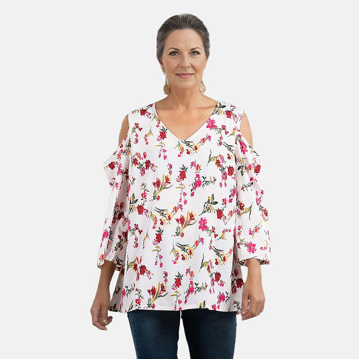 Floral Pattern Off Shoulder Top- Off White and Multi 6704357 1