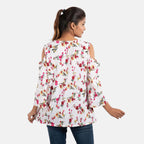 Floral Pattern Off Shoulder Top (Size 10) - Off White & Multi