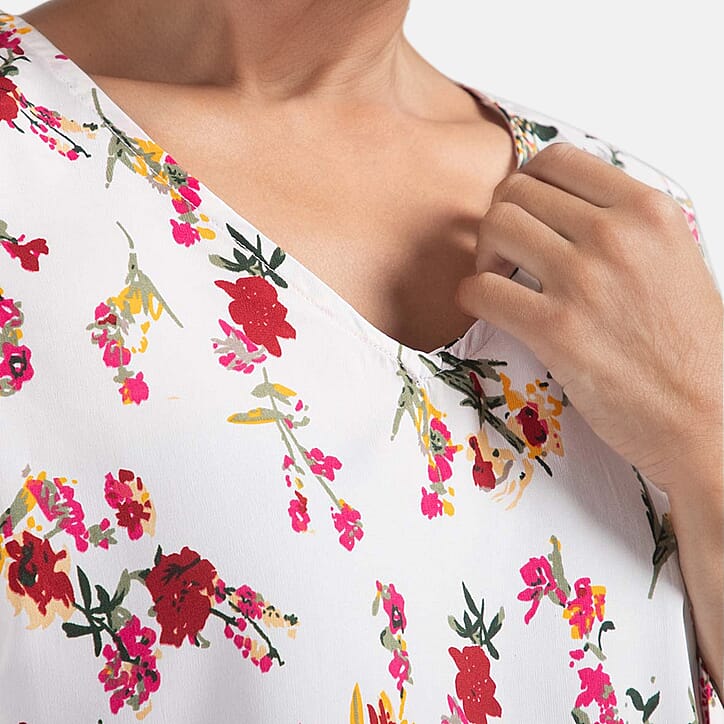 Floral Pattern Off Shoulder Top (Size 10) - Off White & Multi