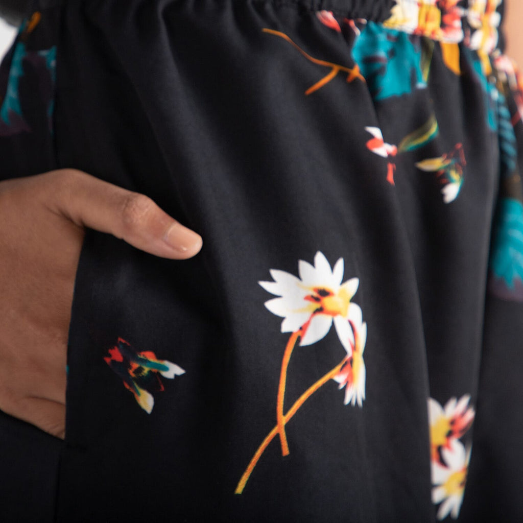 TAMSY Peony Pattern Women Palazzo (Size-10) - Black and Aqua