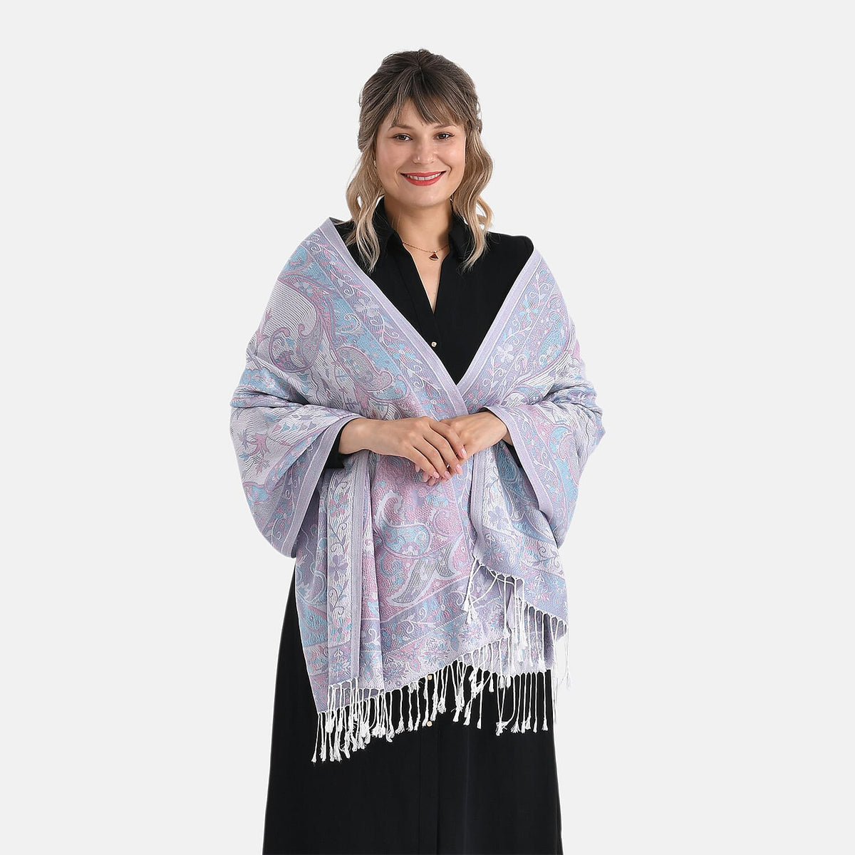 Paisley Print Scarf with Tassels (180x70cm) - White &amp; Grey 8165624 0