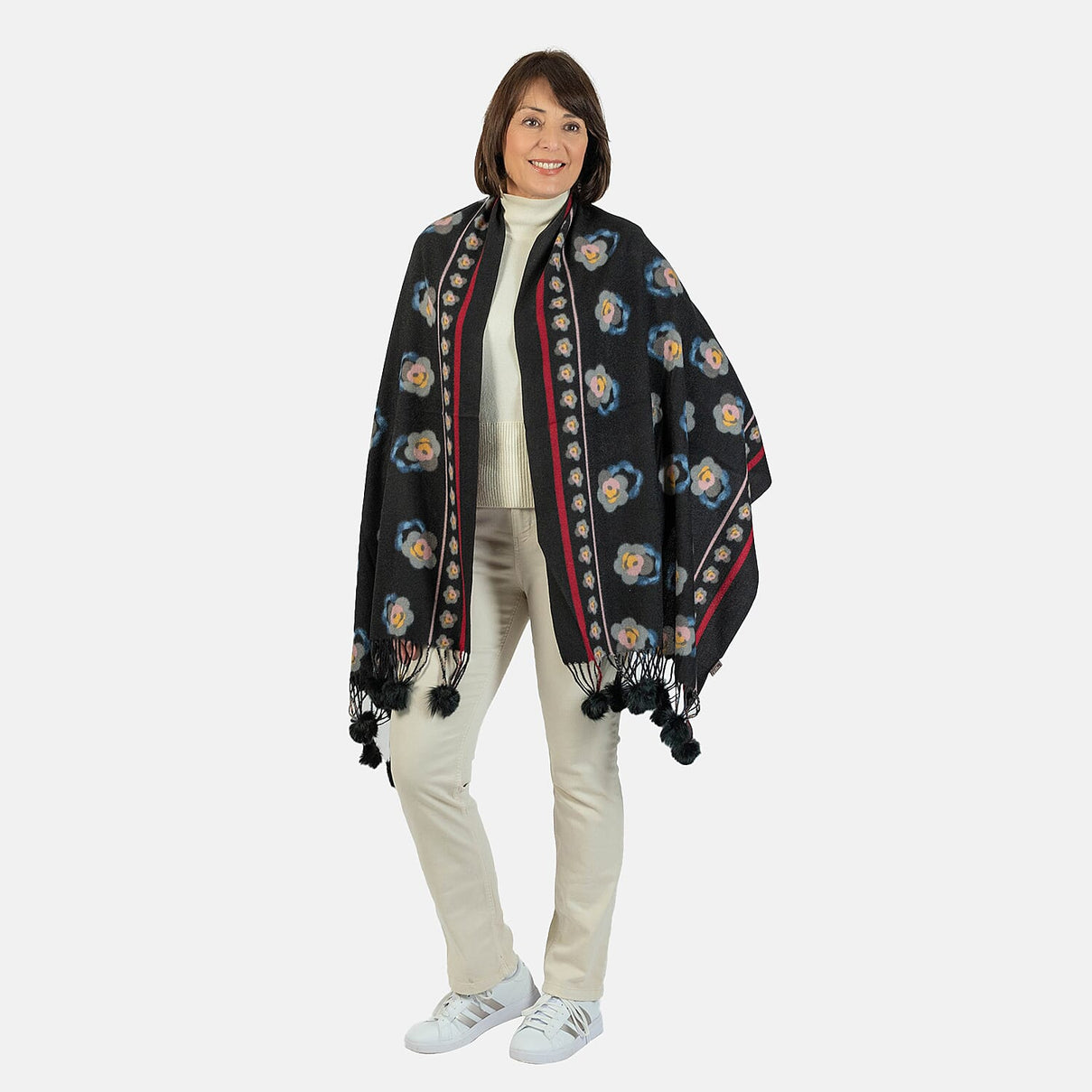 Floral Stripe &amp; Faux Fur Pom Pom Scarf - Black 7712766 0