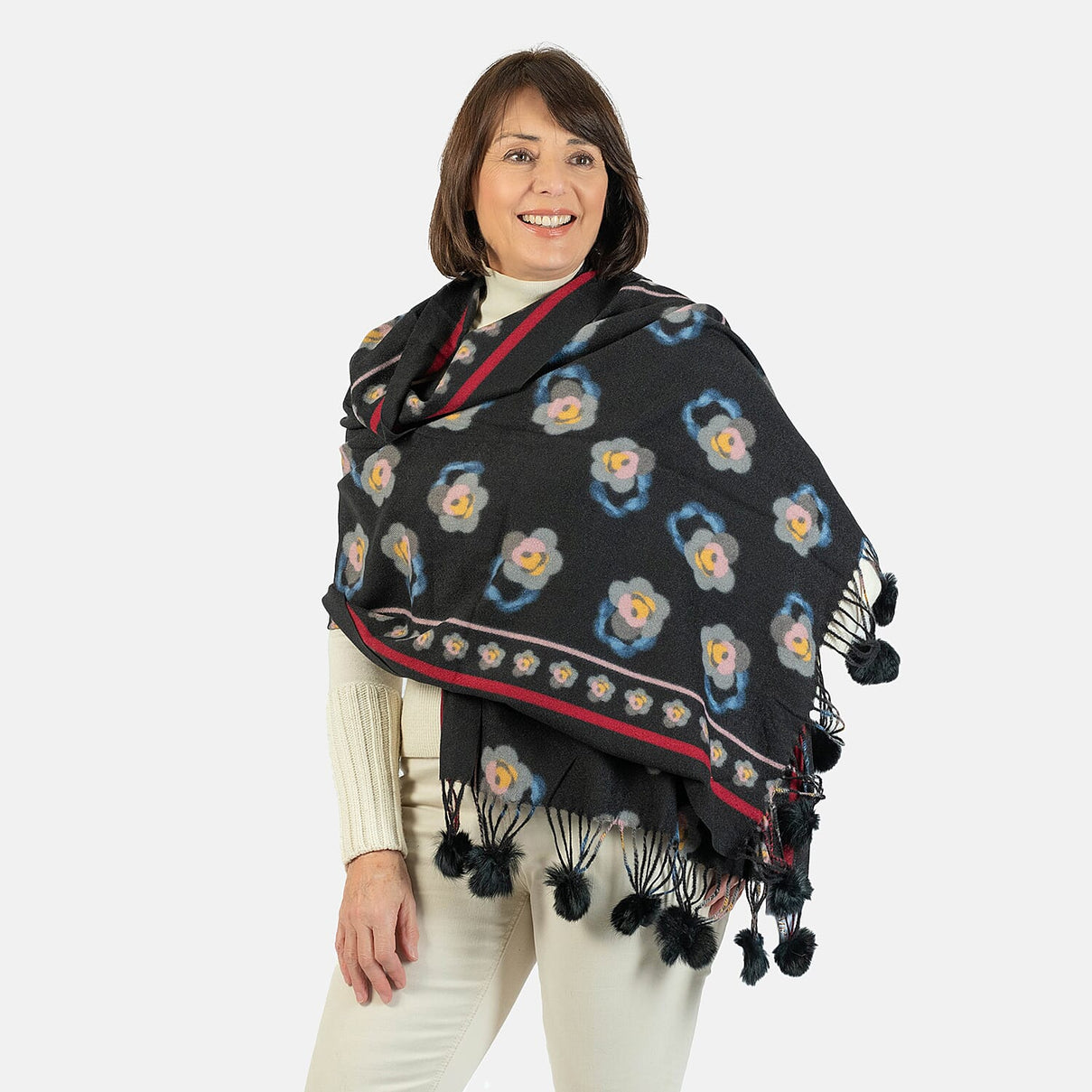 Floral Stripe &amp; Faux Fur Pom Pom Scarf - Black 7712766 1