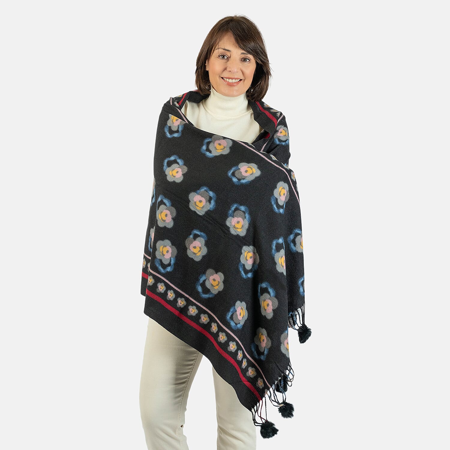 Floral Stripe &amp; Faux Fur Pom Pom Scarf - Black 7712766 2