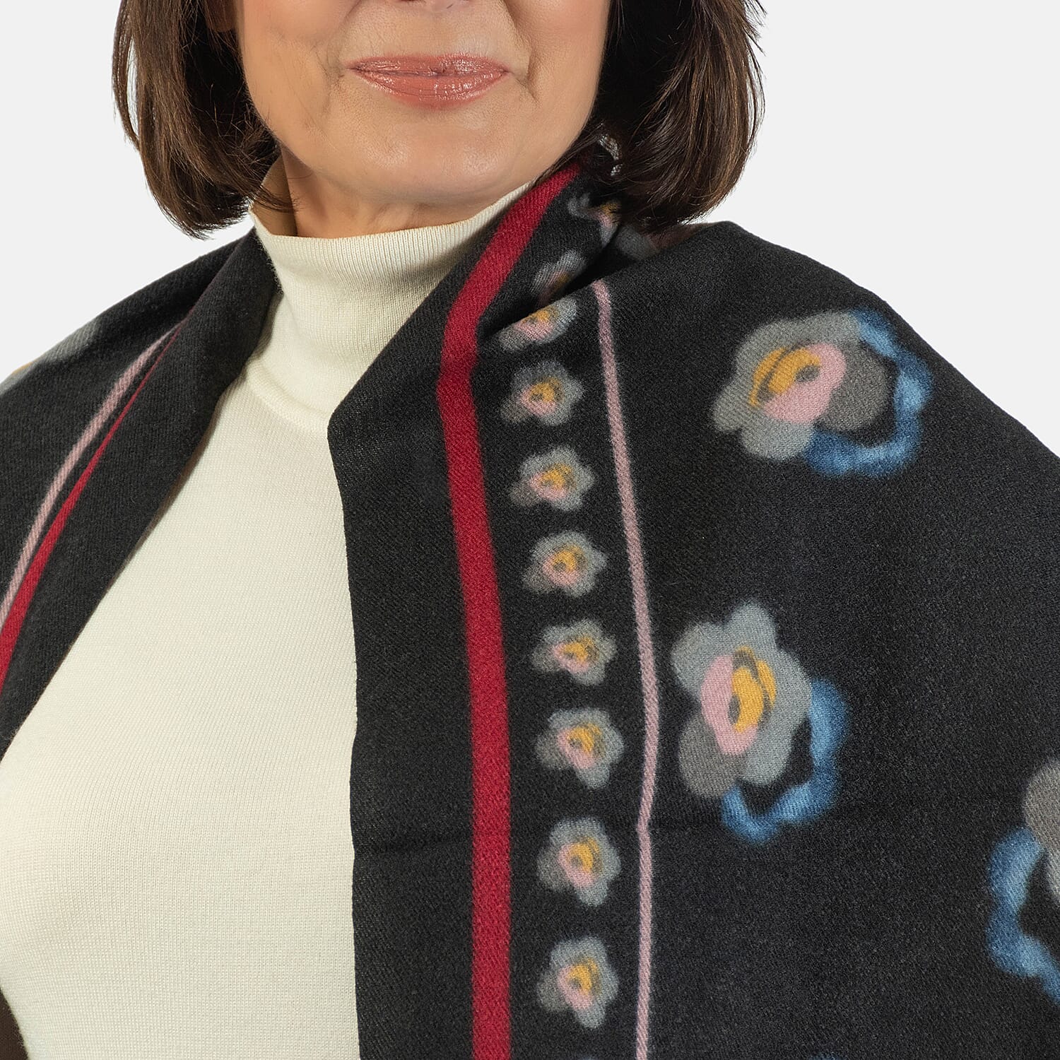 Floral Stripe &amp; Faux Fur Pom Pom Scarf - Black 7712766 3