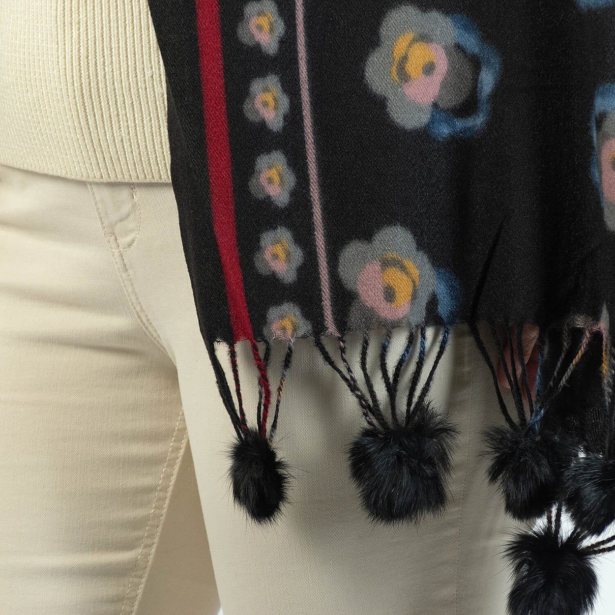 Floral Stripe &amp; Faux Fur Pom Pom Scarf - Black 7712766 4