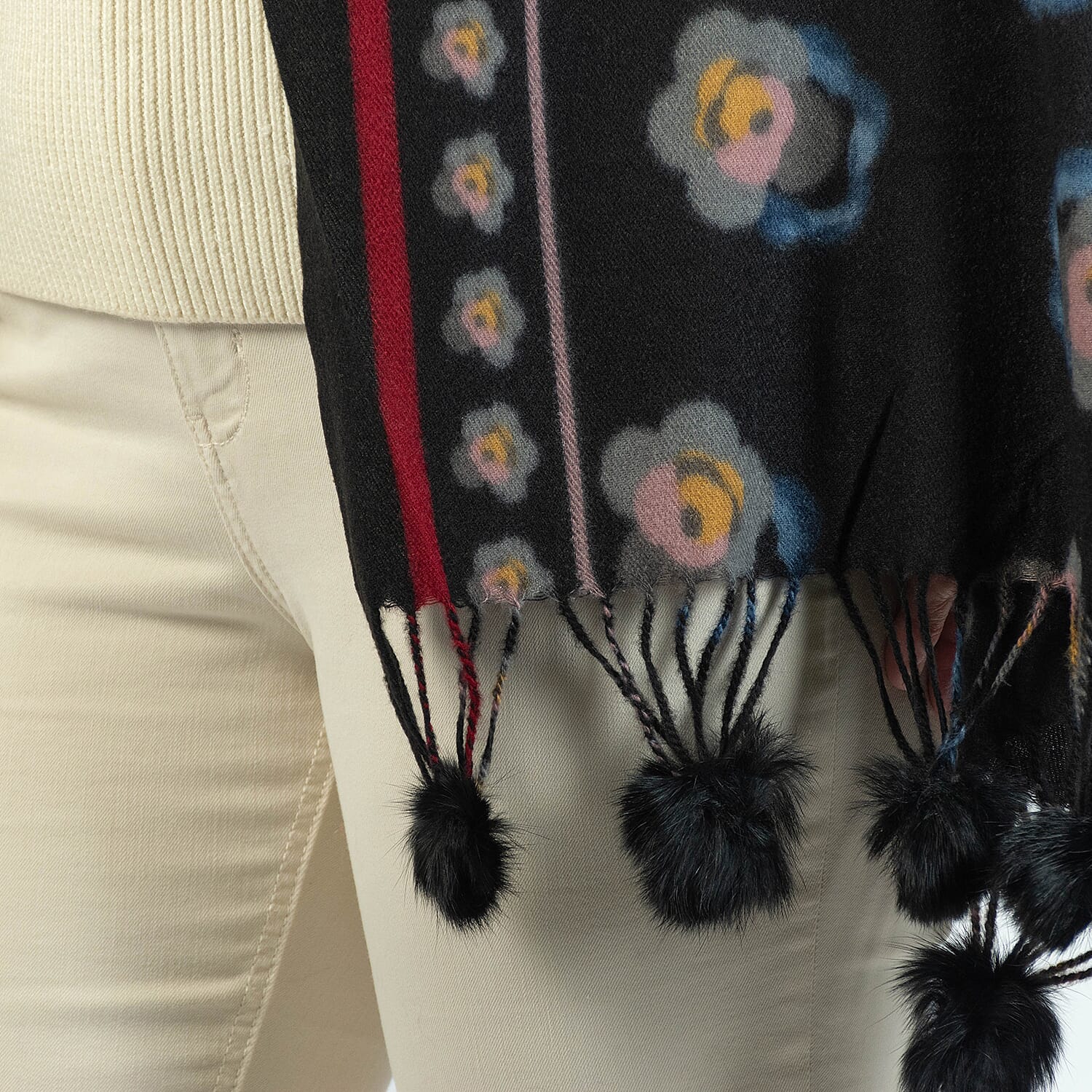 Floral Stripe &amp; Faux Fur Pom Pom Scarf - Black 7712766 4