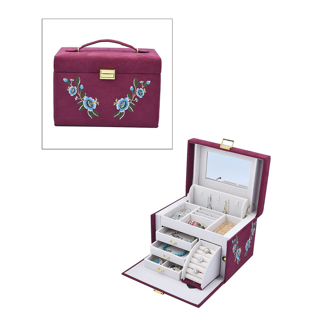 Multifunctional 4 layer Embroidered Pattern Jewellery Organizer with Handle (Size 26x19x18 cm) - Burgundy