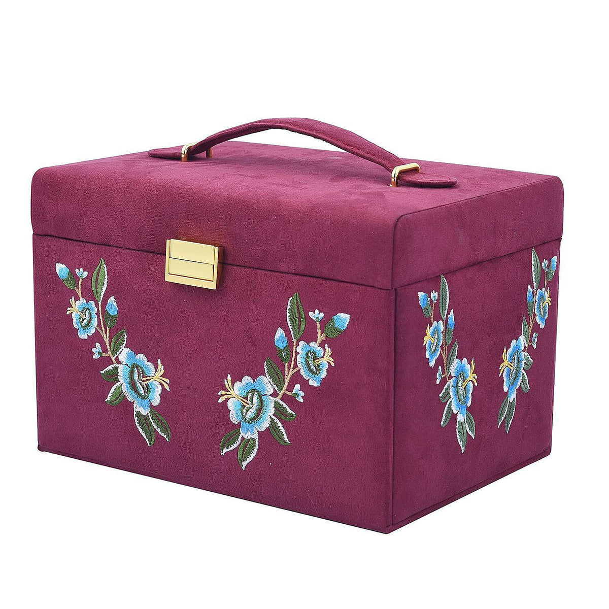 Multifunctional 4 layer Embroidered Pattern Jewellery Organizer with Handle (Size 26x19x18 cm) - Burgundy 7425167 3