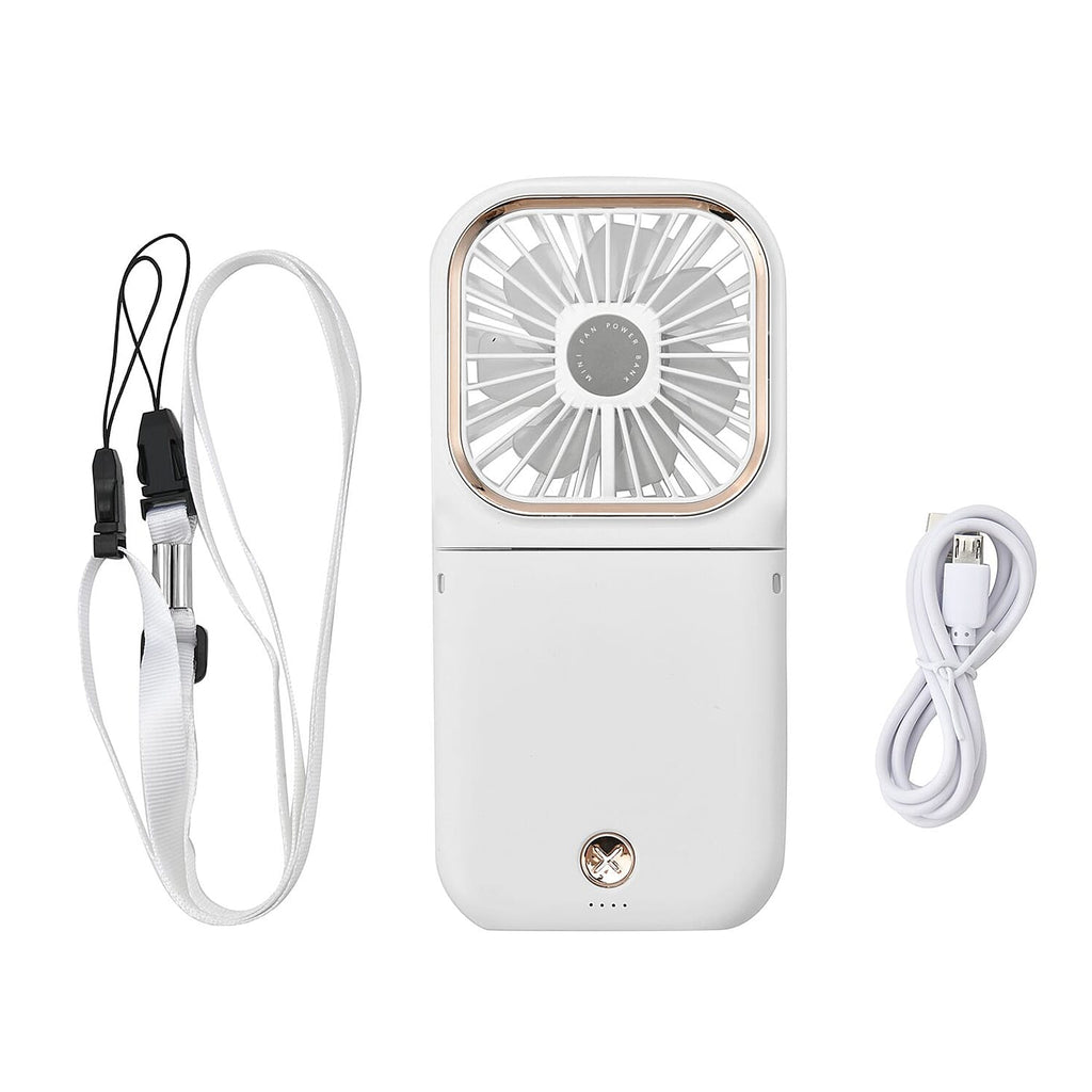 Foldable & Rechargable 3 Speed Fan, Phone Holder, Power Bank with Neck Strap (Works upto 8hrs) - White