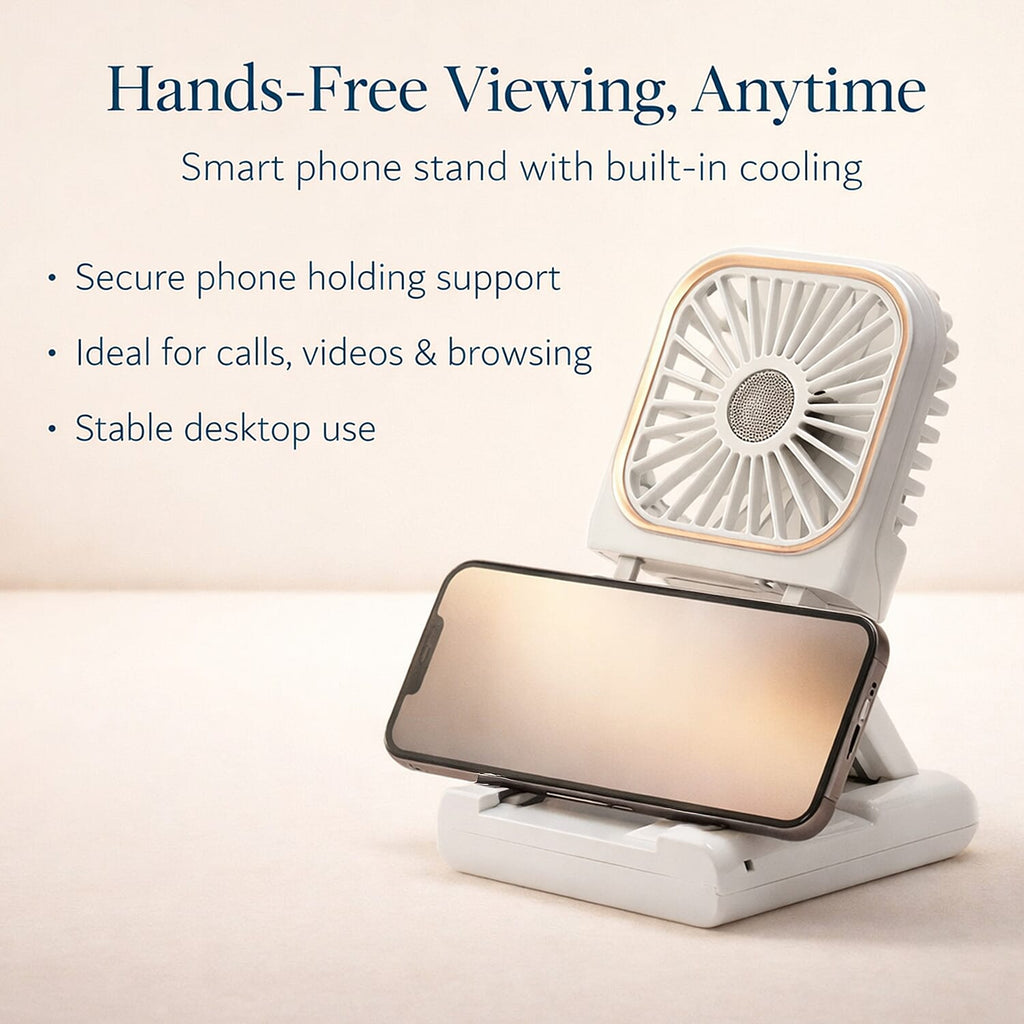 Foldable & Rechargable 3 Speed Fan, Phone Holder, Power Bank with Neck Strap (Works upto 8hrs) - White