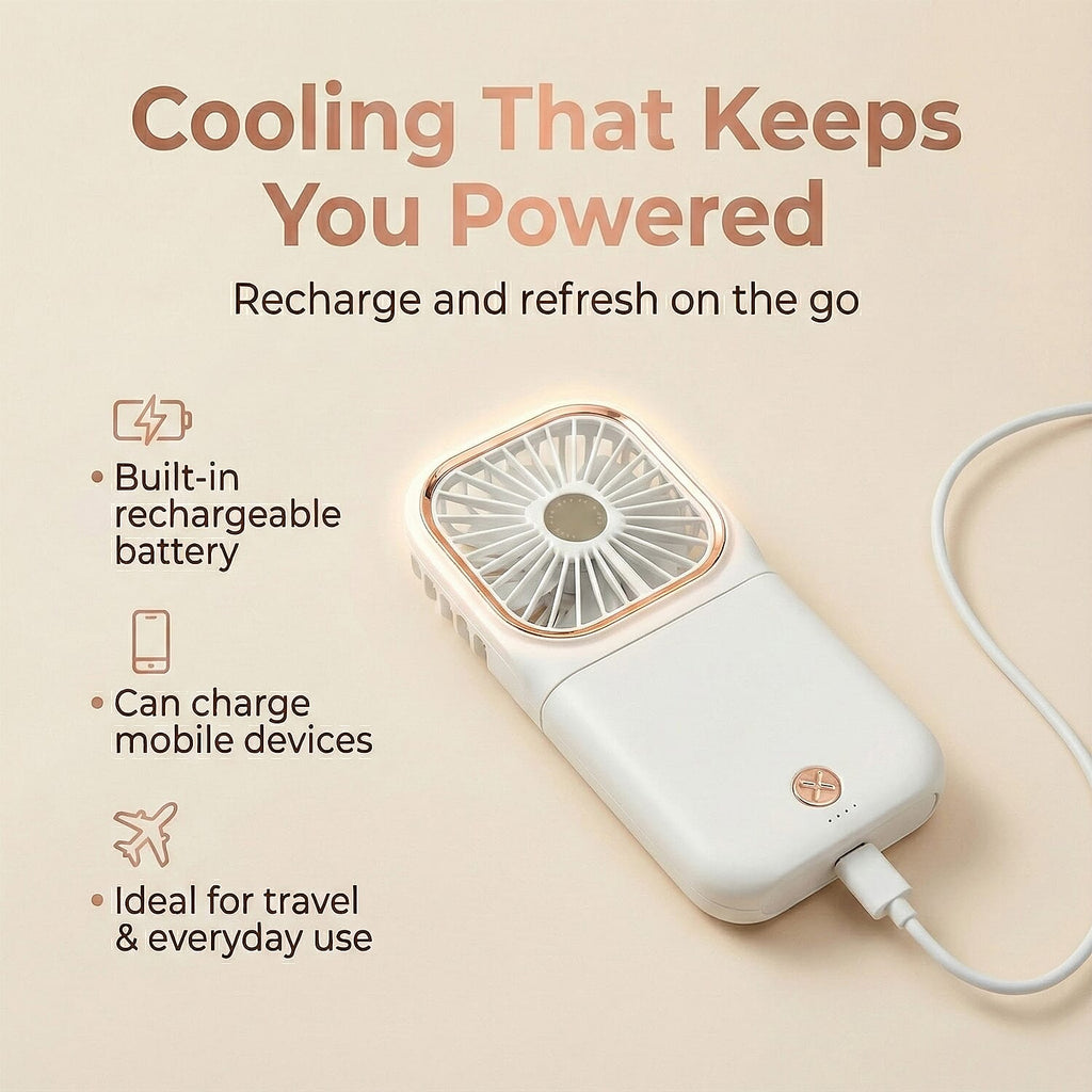 Foldable & Rechargable 3 Speed Fan, Phone Holder, Power Bank with Neck Strap (Works upto 8hrs) - White
