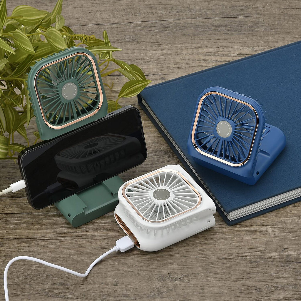 Foldable & Rechargable 3 Speed Fan, Phone Holder, Power Bank with Neck Strap (Works upto 8hrs) - White