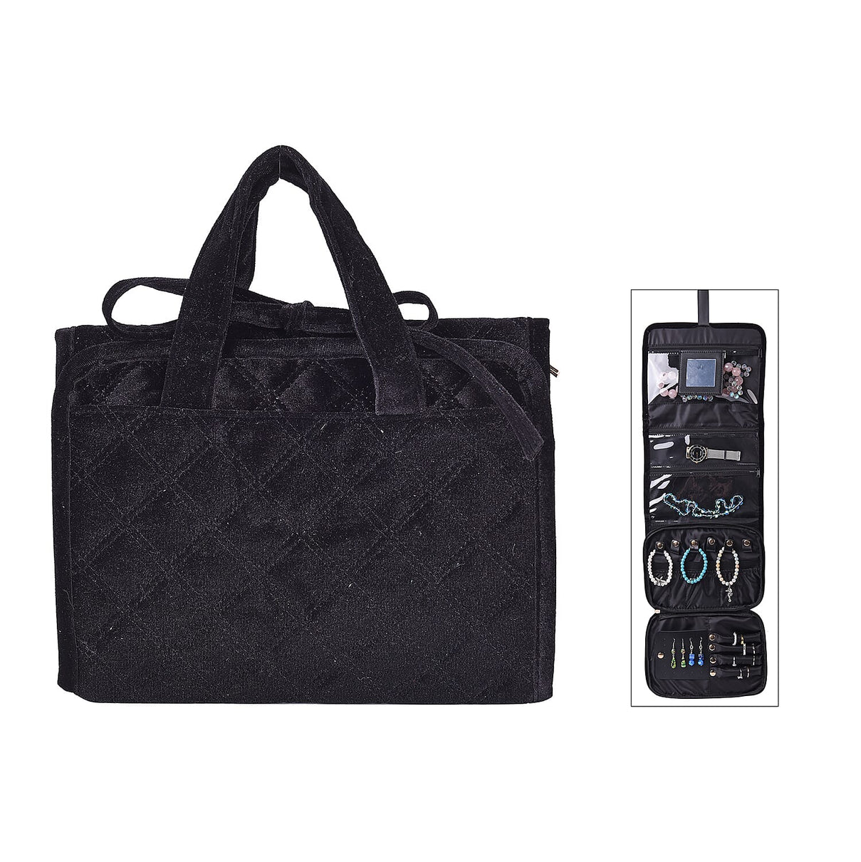 Foldable Travel Jewellery Storage Pouch with Hanging Hook Jewellery Storage for Necklace, Earrings, Bracelets, Watches and Accessories for Women's and Girls - Black Colour 6064384 0