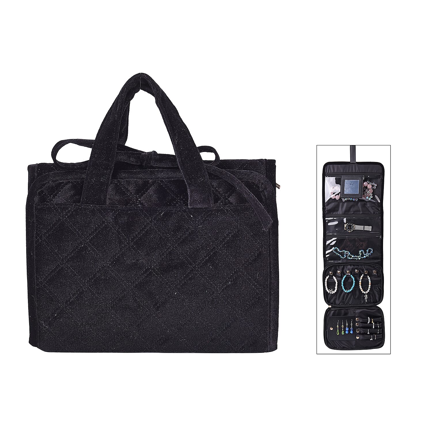 Foldable Travel Jewellery Storage Pouch with Hanging Hook Jewellery Storage for Necklace, Earrings, Bracelets, Watches and Accessories for Women's and Girls - Black Colour 6064384 0
