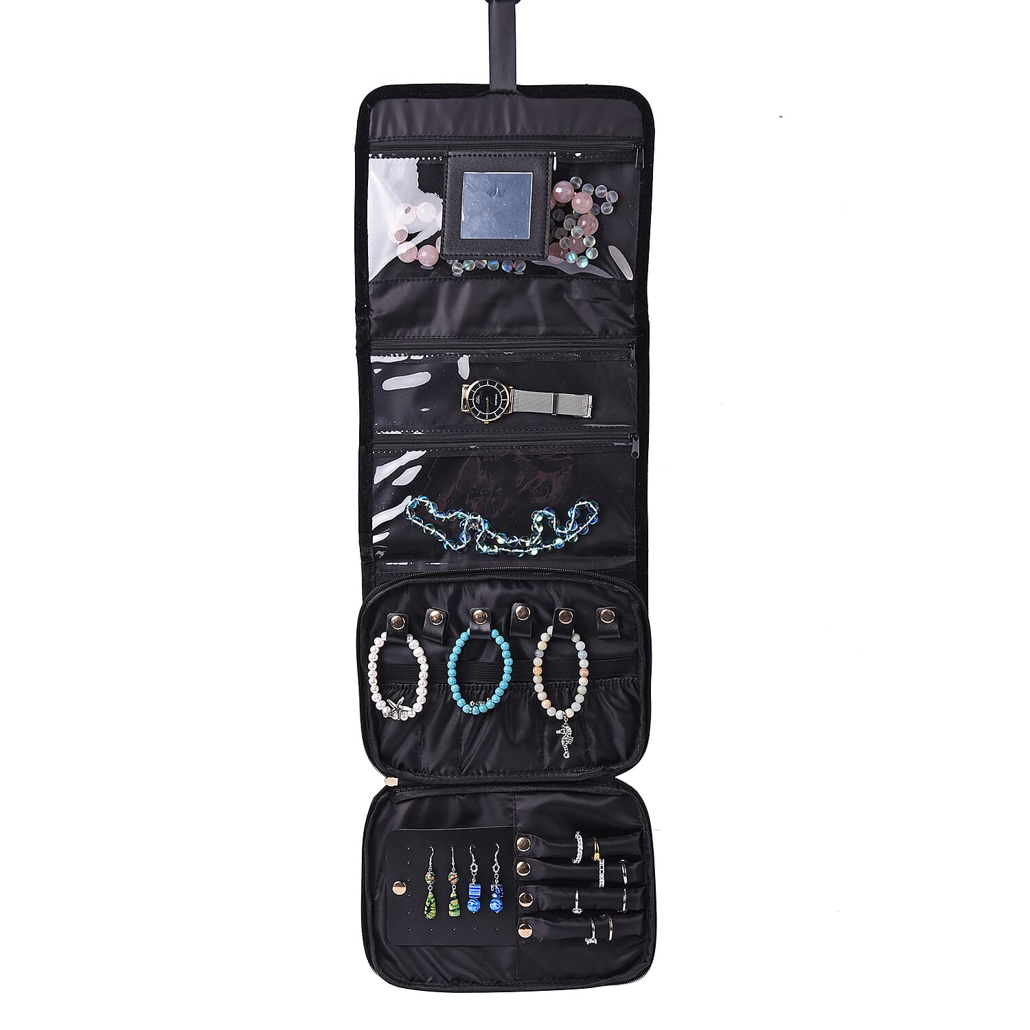 Foldable Travel Jewellery Storage Pouch with Hanging Hook Jewellery Storage for Necklace, Earrings, Bracelets, Watches and Accessories for Women's and Girls - Black Colour 6064384 4