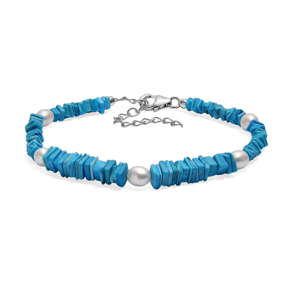Turquoise &amp; Fresh Water Pearl Bracelet (Size - 7.5) with Lobster Clasp in Rhodium Overlay Sterling Silver 37.00 Ct. 8194016 0