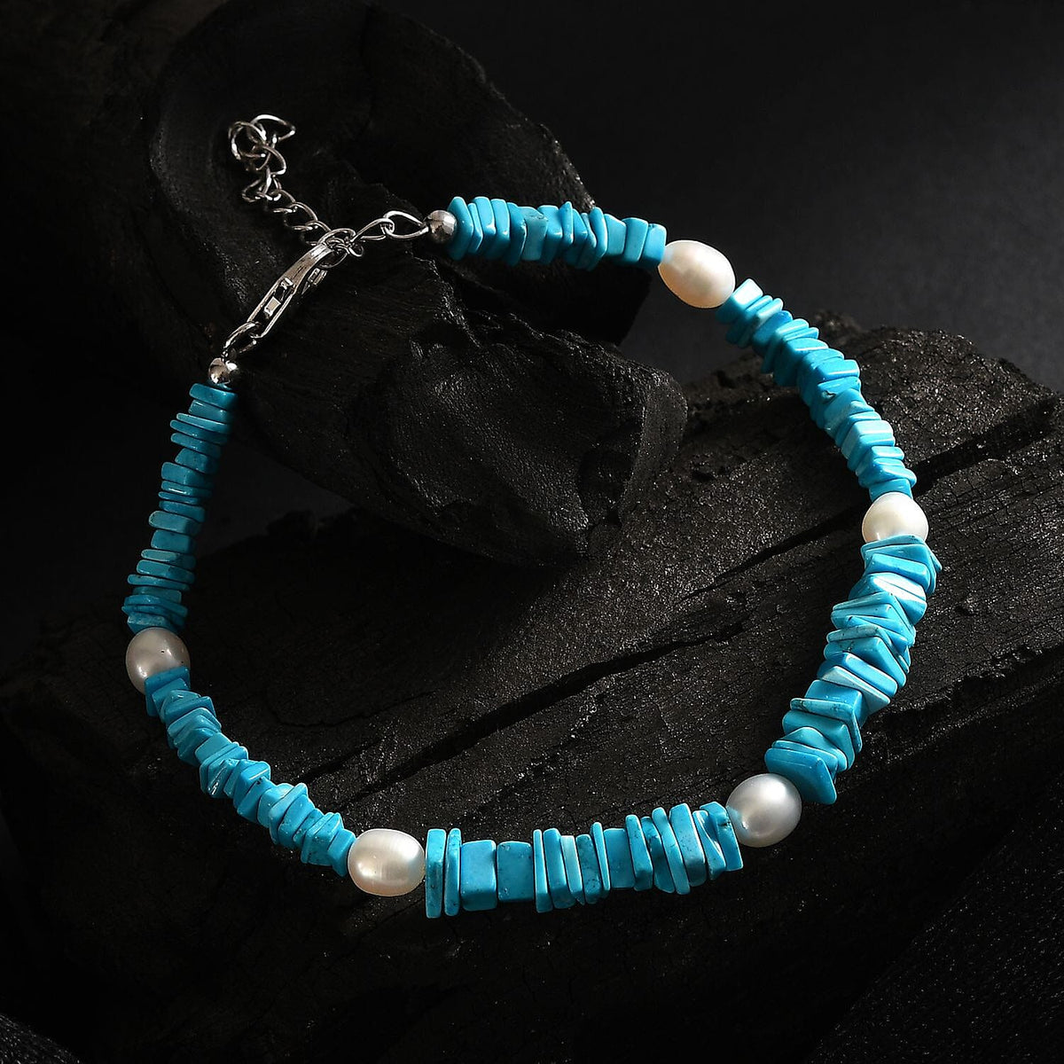 Turquoise &amp; Fresh Water Pearl Bracelet (Size - 7.5) with Lobster Clasp in Rhodium Overlay Sterling Silver 37.00 Ct. 8194016 2