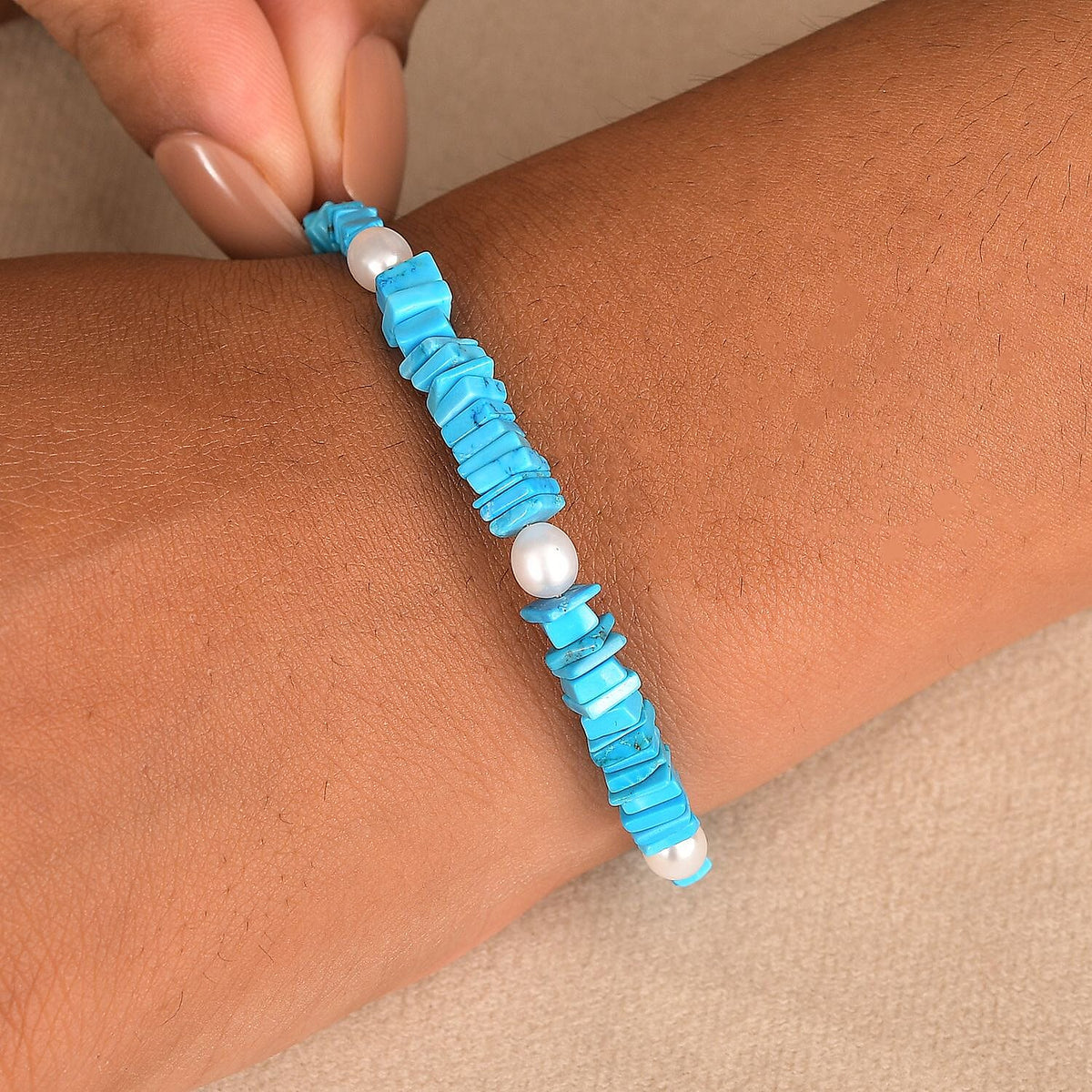 Turquoise &amp; Fresh Water Pearl Bracelet (Size - 7.5) with Lobster Clasp in Rhodium Overlay Sterling Silver 37.00 Ct. 8194016 3