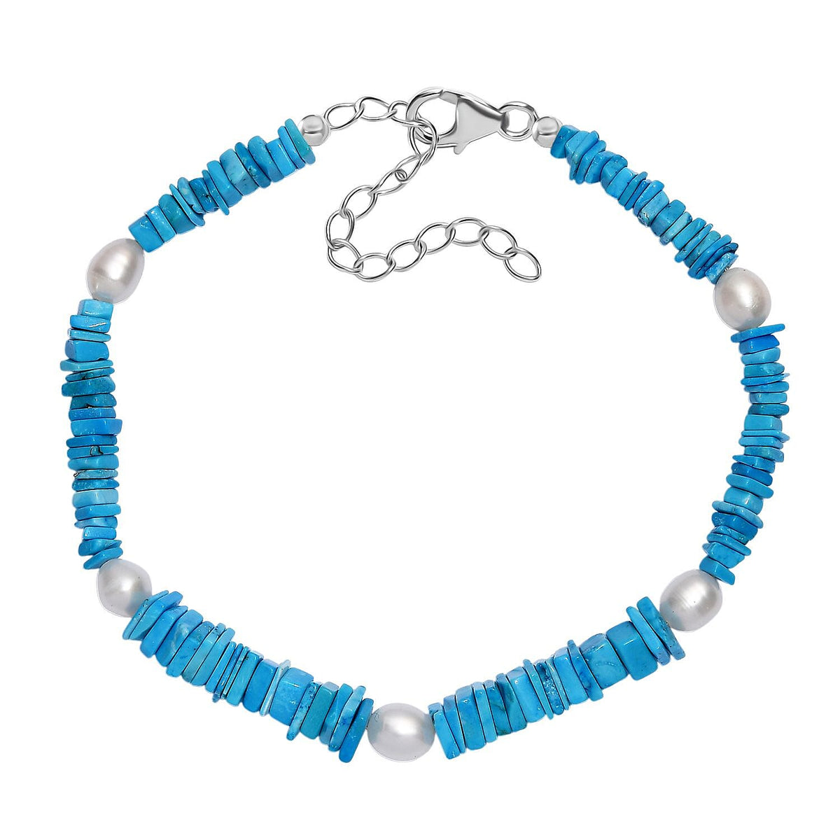 Turquoise &amp; Fresh Water Pearl Bracelet (Size - 7.5) with Lobster Clasp in Rhodium Overlay Sterling Silver 37.00 Ct. 8194016 4