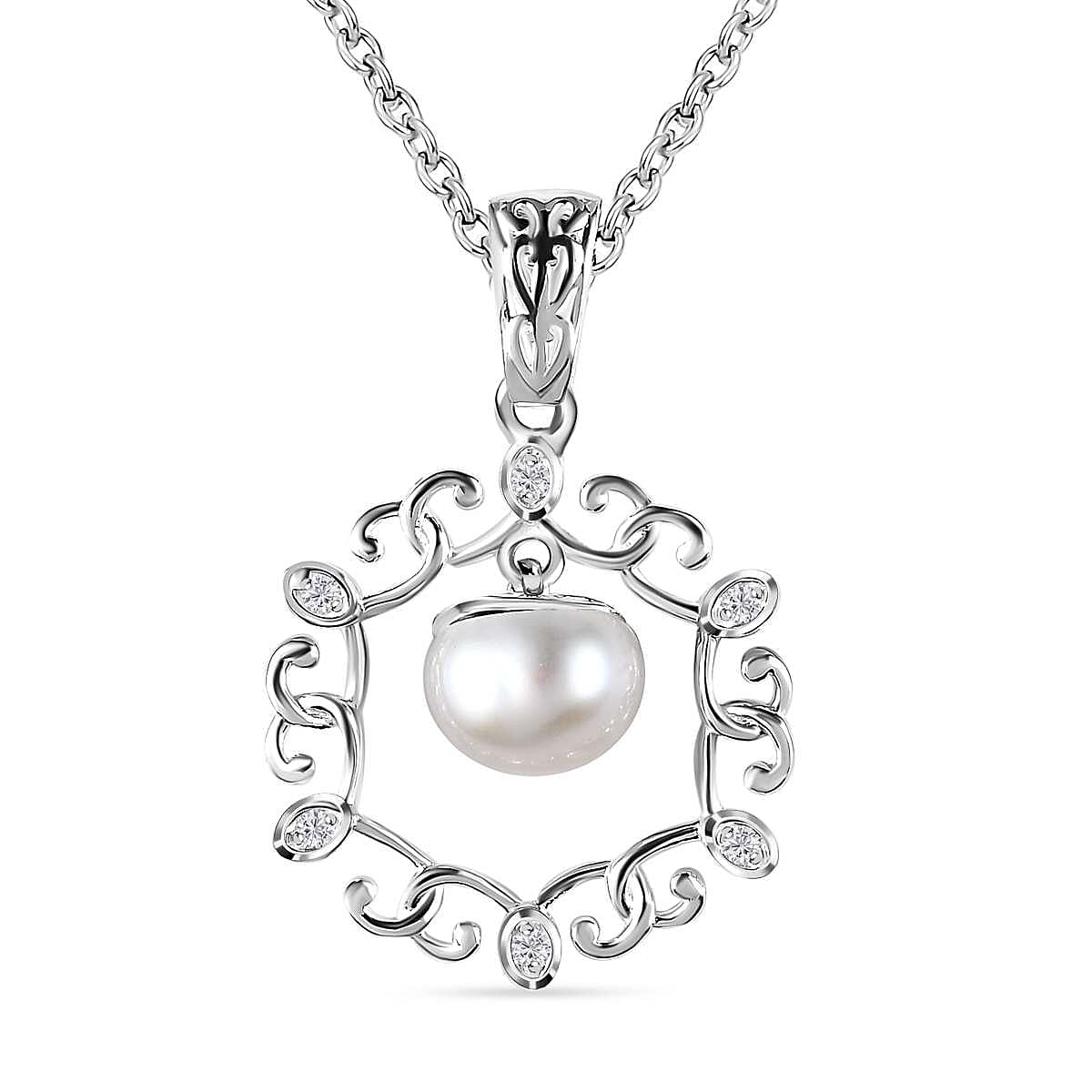 Fresh Water Pearl &amp; Natural Zircon Sterling Silver Pendant with Chain (Size 20) 1.56 Ct 4181327 0