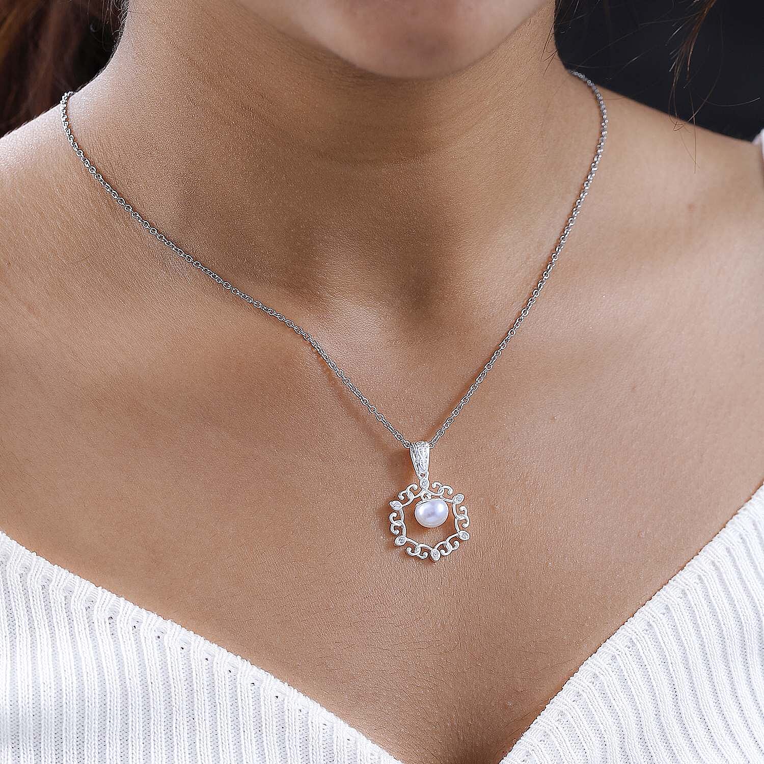 Fresh Water Pearl &amp; Natural Zircon Sterling Silver Pendant with Chain (Size 20) 1.56 Ct 4181327 1