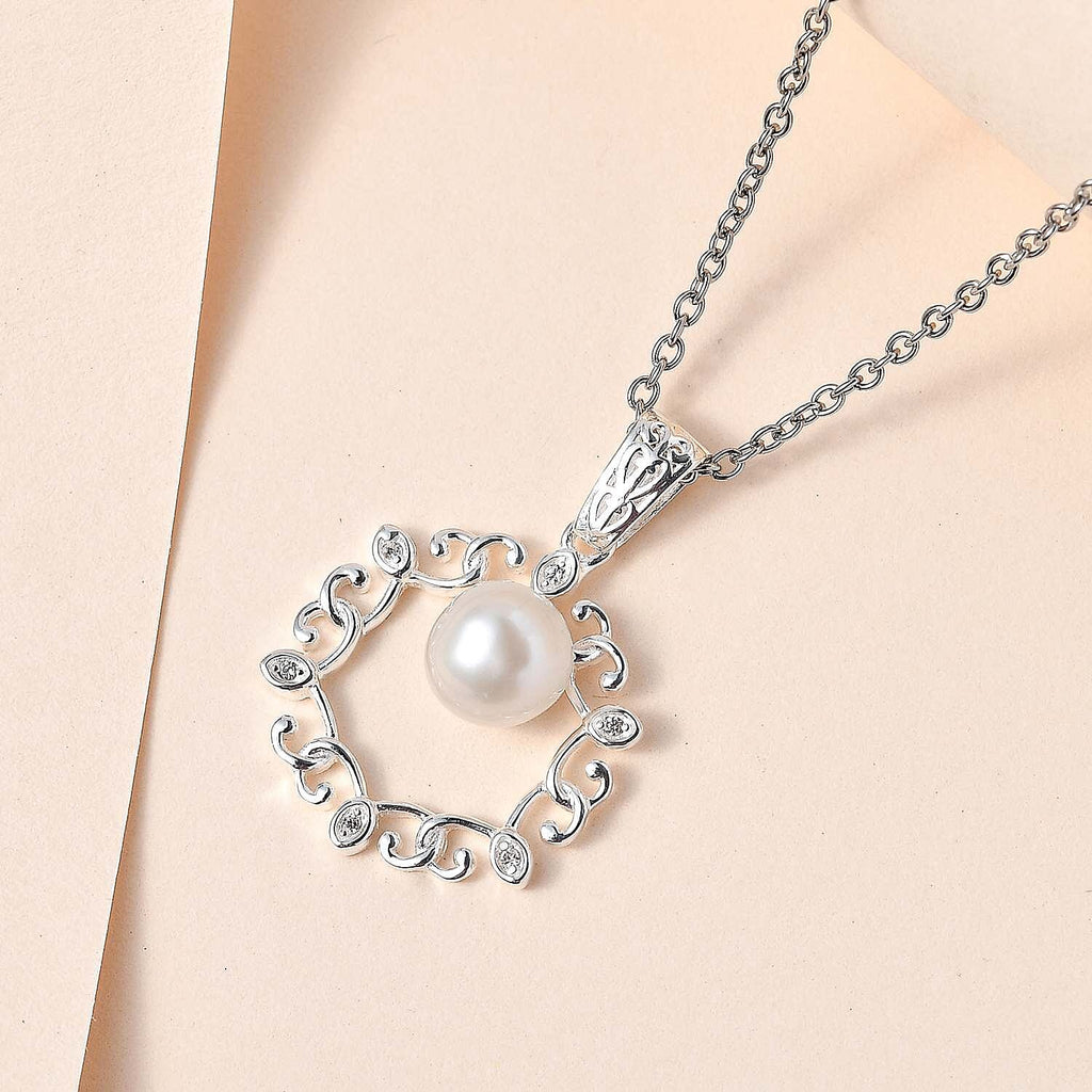 Fresh Water Pearl & Natural Zircon Sterling Silver Pendant with Chain (Size 20) 1.56 Ct