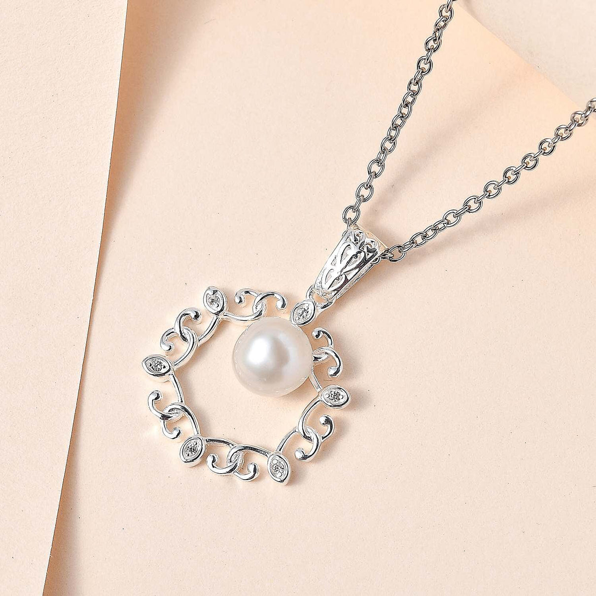 Fresh Water Pearl &amp; Natural Zircon Sterling Silver Pendant with Chain (Size 20) 1.56 Ct 4181327 2
