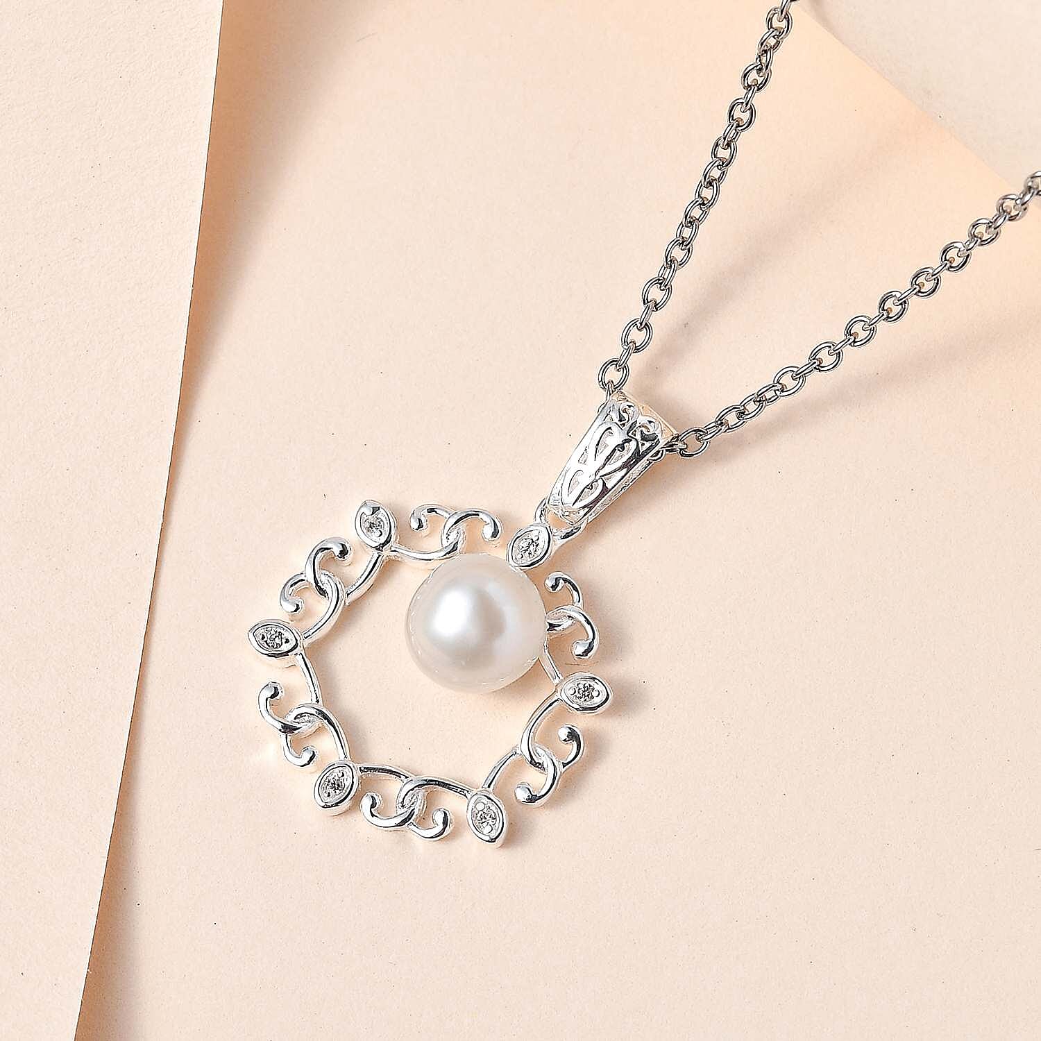 Fresh Water Pearl &amp; Natural Zircon Sterling Silver Pendant with Chain (Size 20) 1.56 Ct 4181327 2