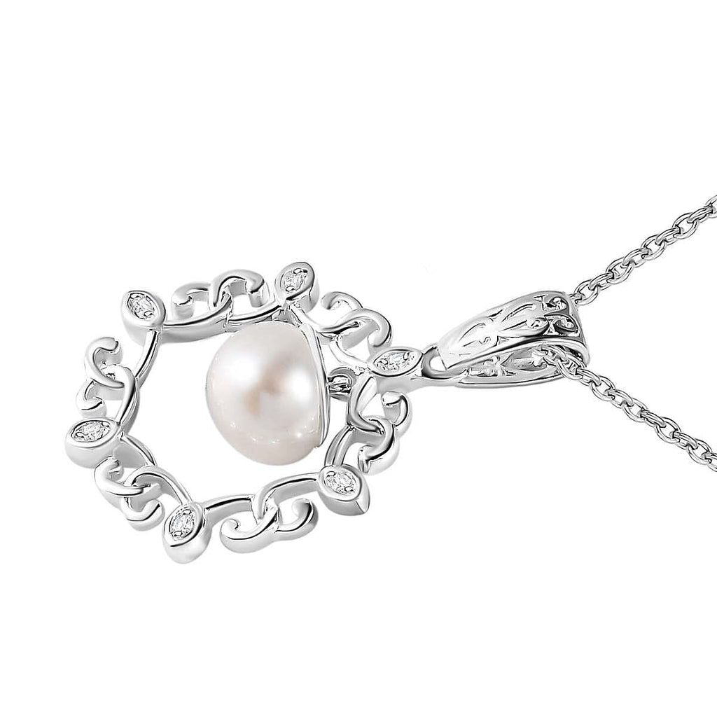 Fresh Water Pearl & Natural Zircon Sterling Silver Pendant with Chain (Size 20) 1.56 Ct