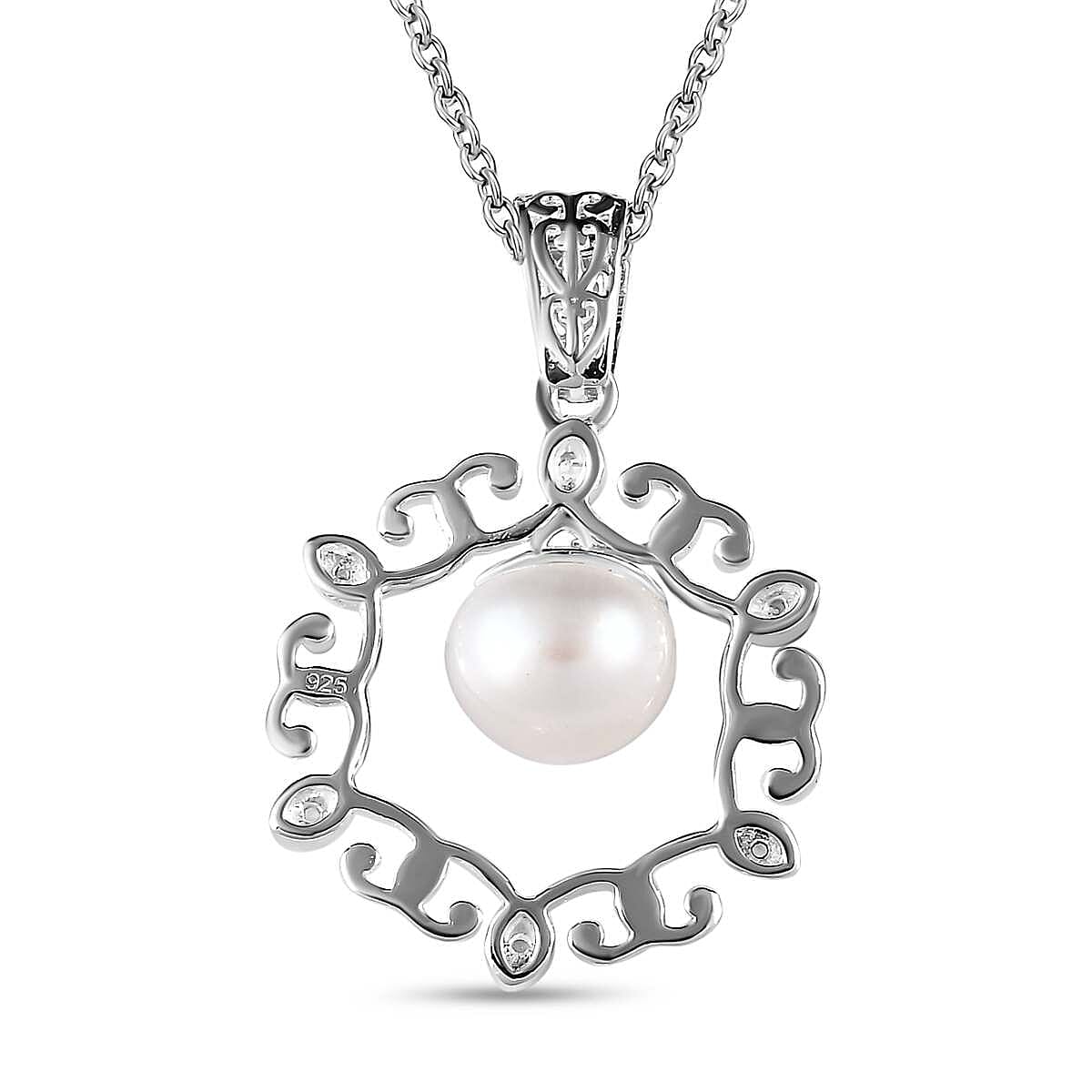 Fresh Water Pearl &amp; Natural Zircon Sterling Silver Pendant with Chain (Size 20) 1.56 Ct 4181327 4