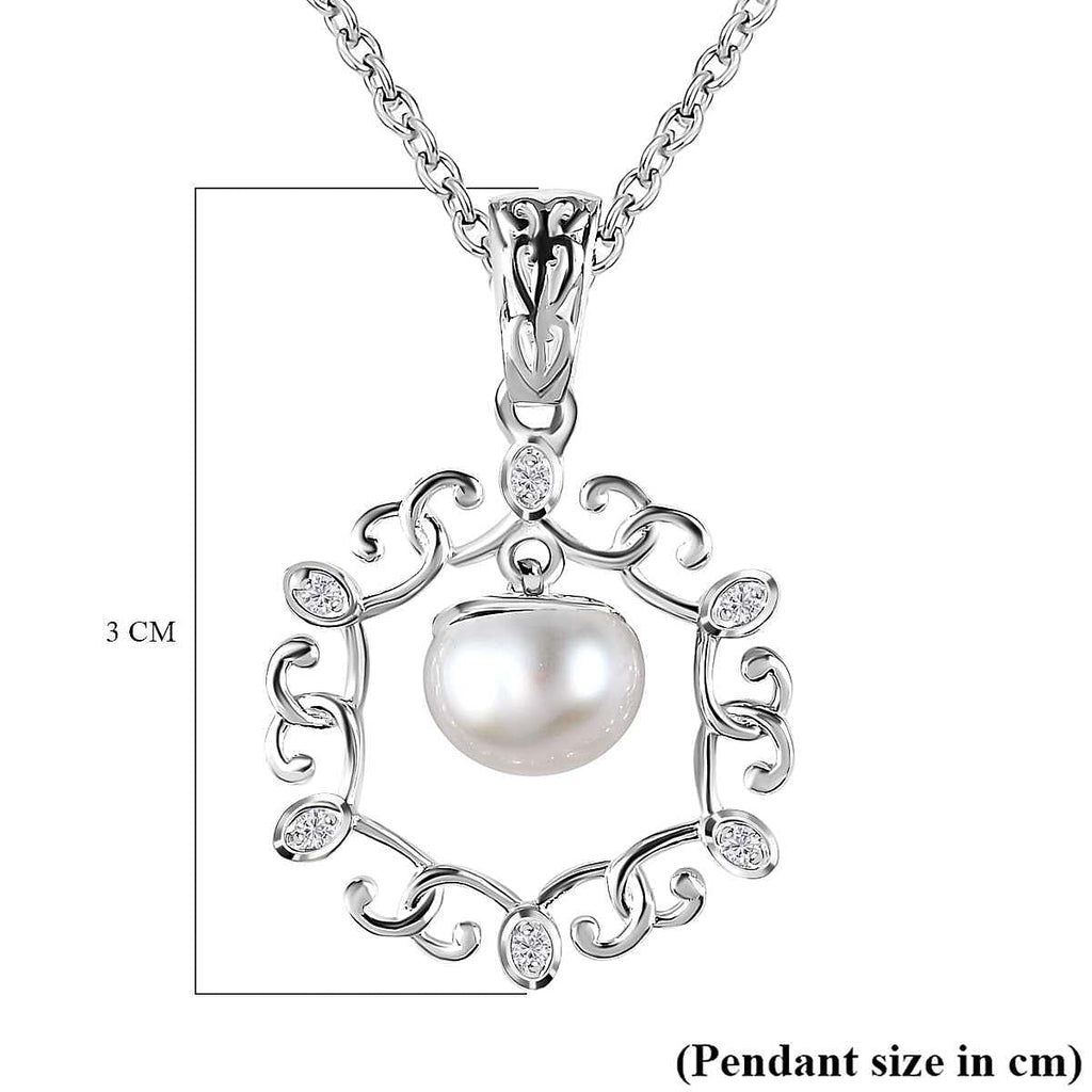 Fresh Water Pearl & Natural Zircon Sterling Silver Pendant with Chain (Size 20) 1.56 Ct