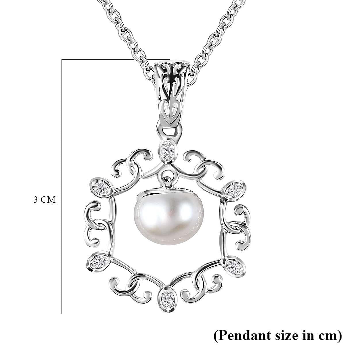 Fresh Water Pearl &amp; Natural Zircon Sterling Silver Pendant with Chain (Size 20) 1.56 Ct 4181327 6