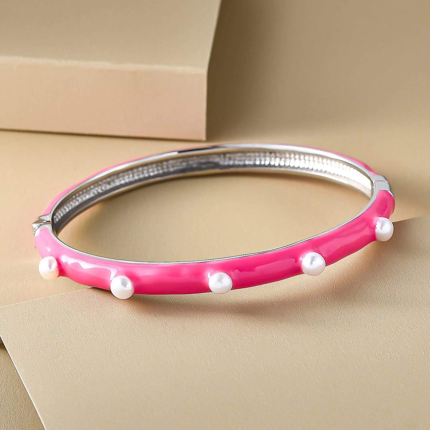 Freshwater Pearl Enamelled Bangle in Silver-tone - Pink 8858579 2