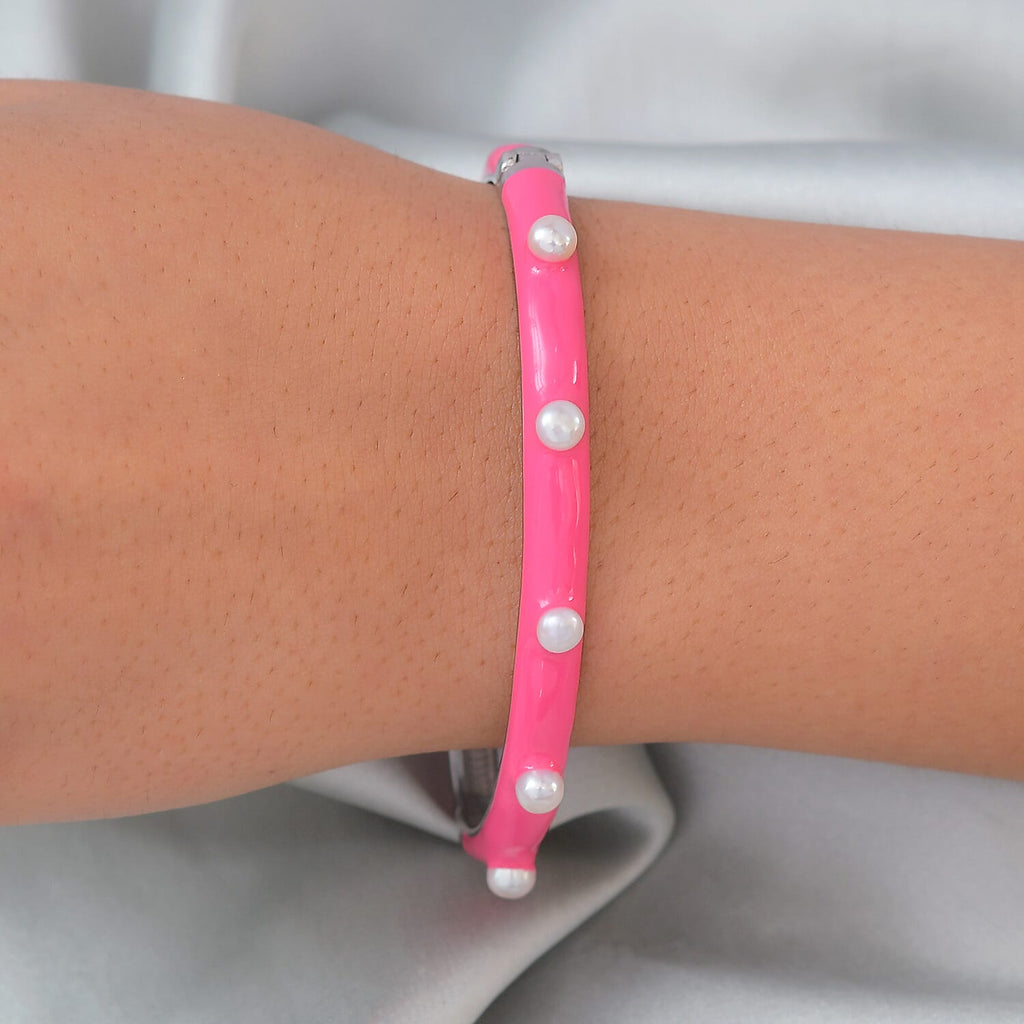 Freshwater Pearl Enamelled Bangle (Size 7.5) in Stainless Steel