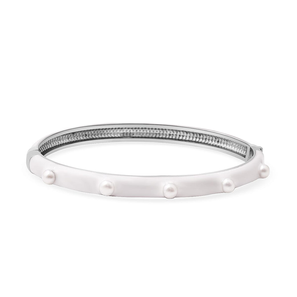 Freshwater Pearl Enamelled Bangle (Size 7.5) in Stainless Steel