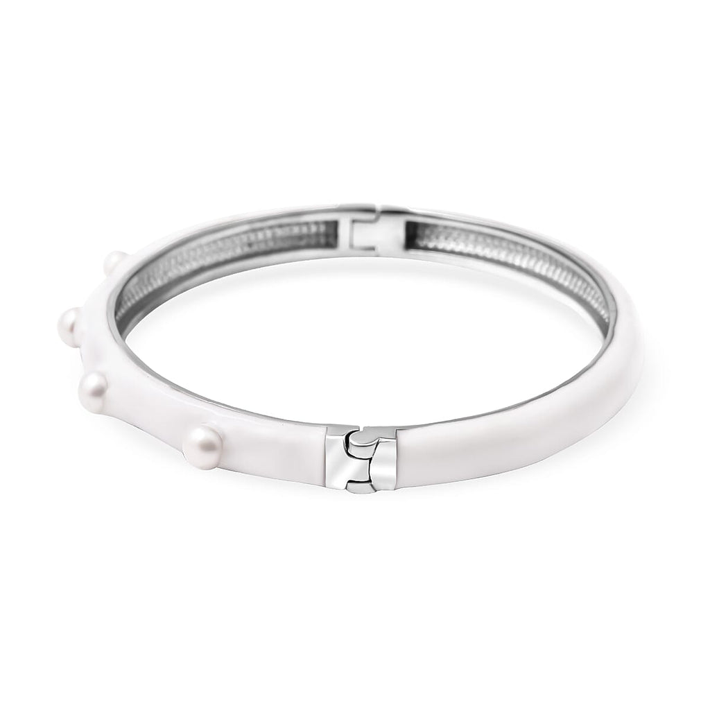Freshwater Pearl Enamelled Bangle (Size 7.5) in Stainless Steel