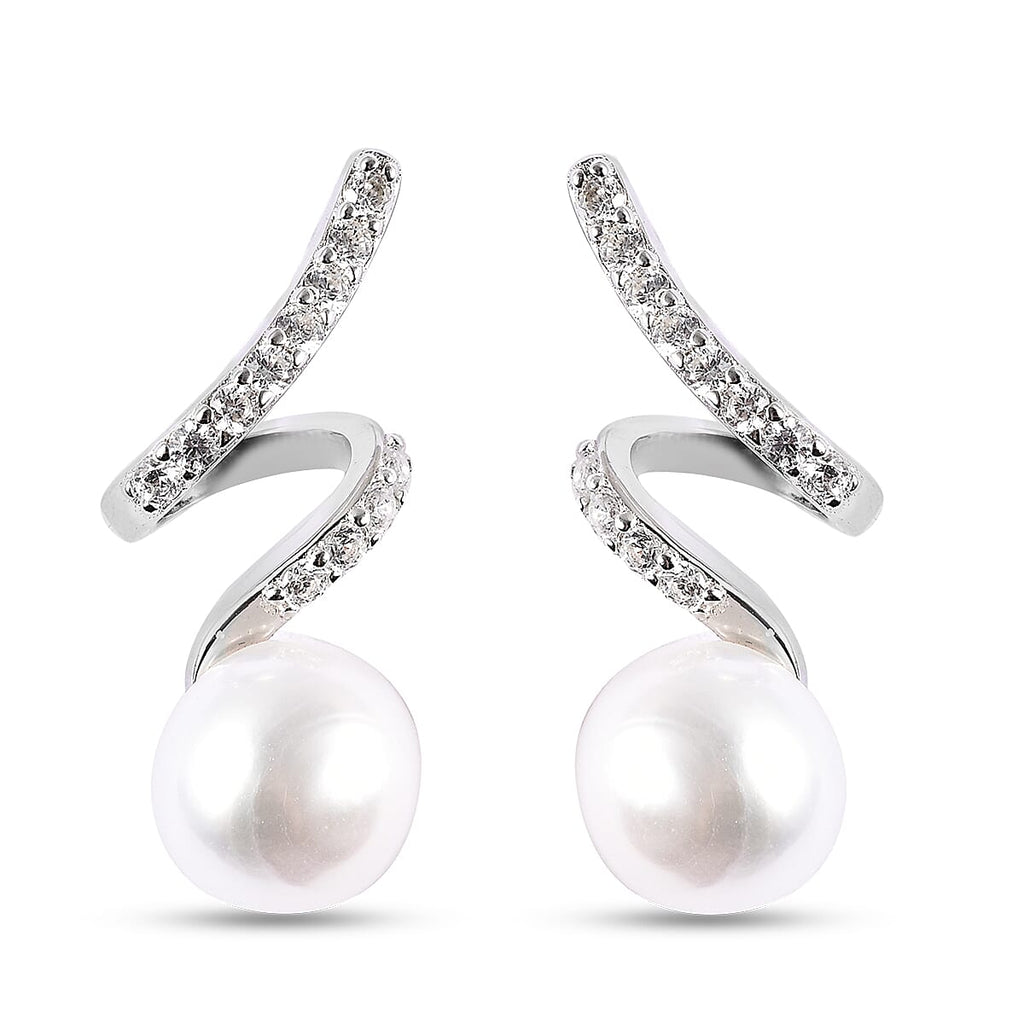 Freshwater Pearl and Simulated Diamond Earrings (with Push Back) in Rhodium Overlay Sterling Silver