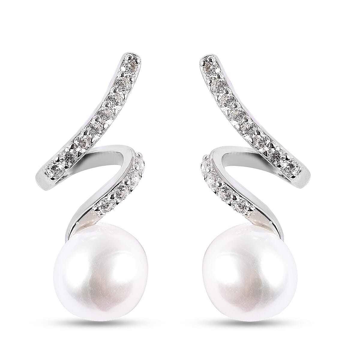 Freshwater Pearl and Simulated Diamond Earrings (with Push Back) in Rhodium Overlay Sterling Silver 3798939 0