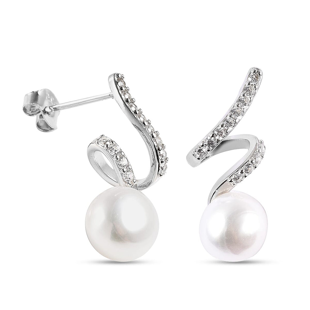 Freshwater Pearl and Simulated Diamond Earrings (with Push Back) in Rhodium Overlay Sterling Silver