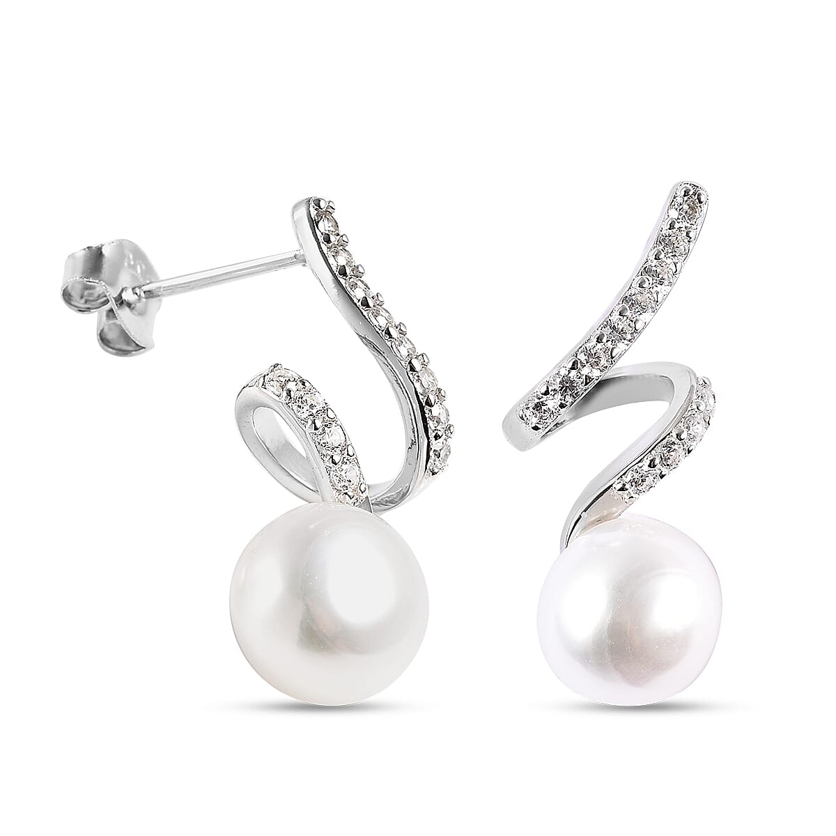 Freshwater Pearl and Simulated Diamond Earrings (with Push Back) in Rhodium Overlay Sterling Silver 3798939 3