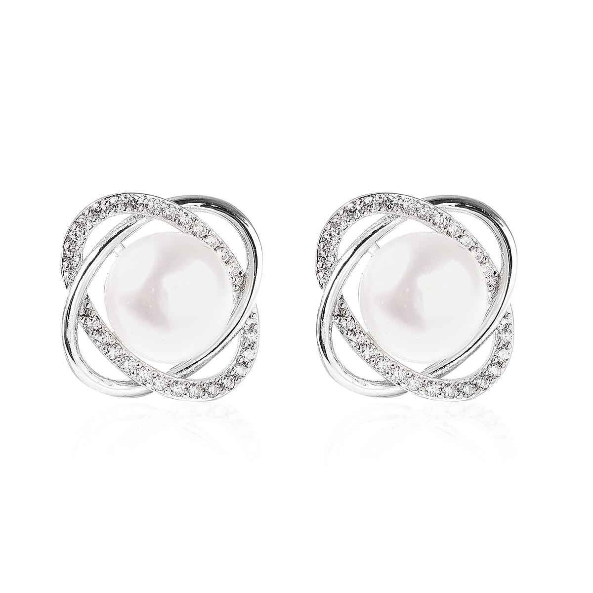 Freshwater White Pearl and Simulated Diamond Stud Earrings (with Push Back) in Rhodium Overlay Sterling Silver 3724059 0