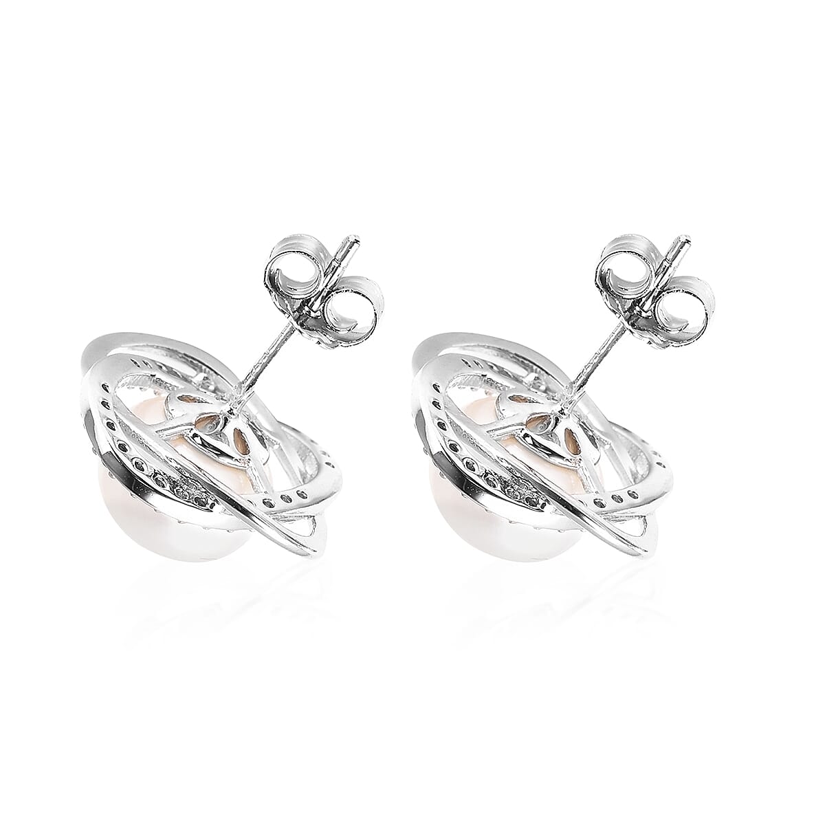 Freshwater White Pearl and Simulated Diamond Stud Earrings (with Push Back) in Rhodium Overlay Sterling Silver 3724059 3