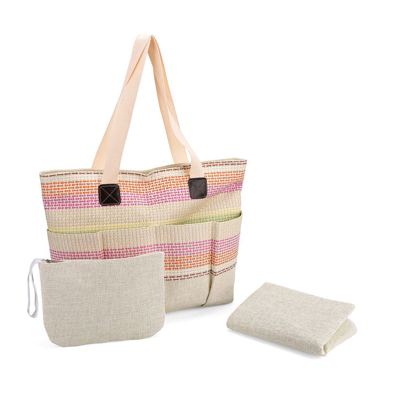 Set of 3 - Fringe Colour Broad Striped Tote Bag, Pouch and Picnic Mat - Multi Colour